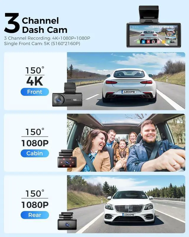 Alt view image 3 of 7 - AZDOME 5K 3 Channel Dash Cam, Free 64GB Card, 4" Touchscreen Car Camera, 5G WiFi GPS Dashcam Front and Rear Inside 4K+1080P+1080P, IR Night Vision Driving Recorder, G-Sensor Parking Mode (M580)
