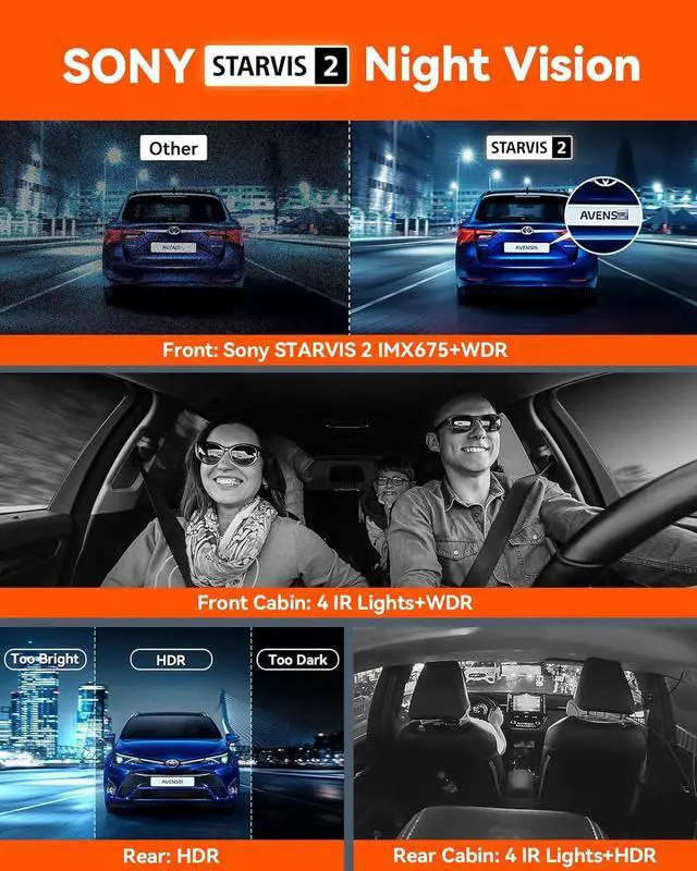 Alt view image 3 of 7 - N5 4 Channel WiFi 360° All Sides Dash Cam, STARVIS 2 IR Night Vision, 2.7K+1080P*3 Front Rear Inside Dashcam, Voice Control, GPS, 24 Hours Buffered Parking Mode Dash Camera, Support 512GB Max