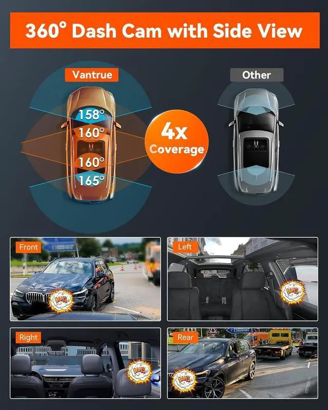 Alt view image 4 of 7 - N5 4 Channel WiFi 360° All Sides Dash Cam, STARVIS 2 IR Night Vision, 2.7K+1080P*3 Front Rear Inside Dashcam, Voice Control, GPS, 24 Hours Buffered Parking Mode Dash Camera, Support 512GB Max