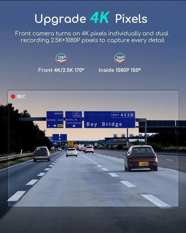 Alt view image 3 of 7 - COOAU 4K Dual Dash Cam, Built-in GPS Wi-Fi, 2.5K+1080P Dash Cam Front and Inside with Infrared Night Vision, Dash Camera with Parking Mode, Loop Recording, Support 256GB Max
