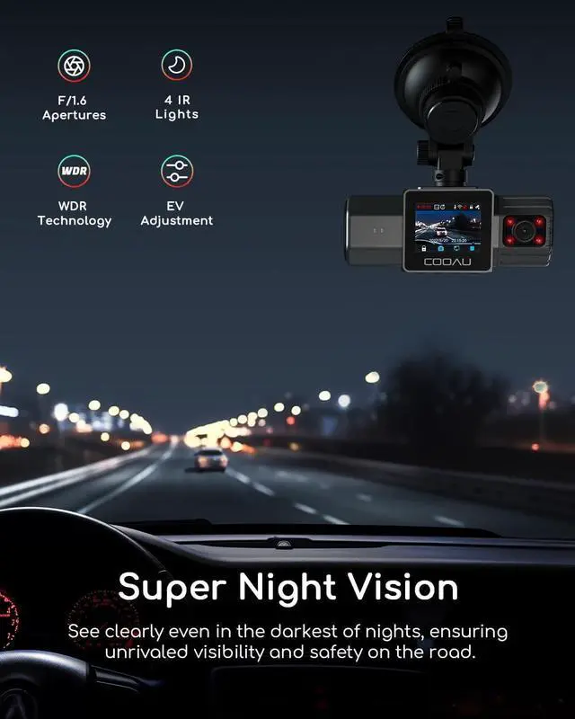 Alt view image 4 of 7 - COOAU 4K Dual Dash Cam, Built-in GPS Wi-Fi, 2.5K+1080P Dash Cam Front and Inside with Infrared Night Vision, Dash Camera with Parking Mode, Loop Recording, Support 256GB Max