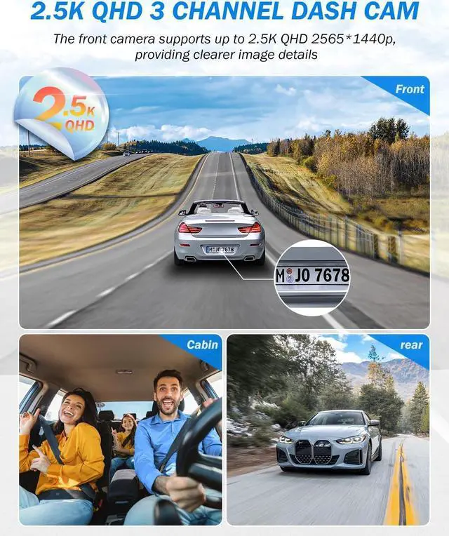 Alt view image 3 of 7 - Dash Cam Front and Rear, 2.5K+1440P Triple Car Camera with 32GB Card, 3 Channel Dash Camera for Cars, G-Sensor, 3.16 IPS Screen, 24Hr Parking, 170°Wide Angle, Loop Recording, IR Night Vision, Blue