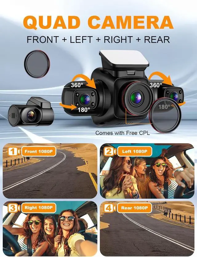 Alt view image 3 of 7 - 360 Degree View 4 Channel Dash Cam Front and Rear Inside Left Right, Dash Camera for Cars with CPL, Built-in GPS WiFi Night Vision, 24/7 Recording Parking Mode Monitor, Free 128G Card