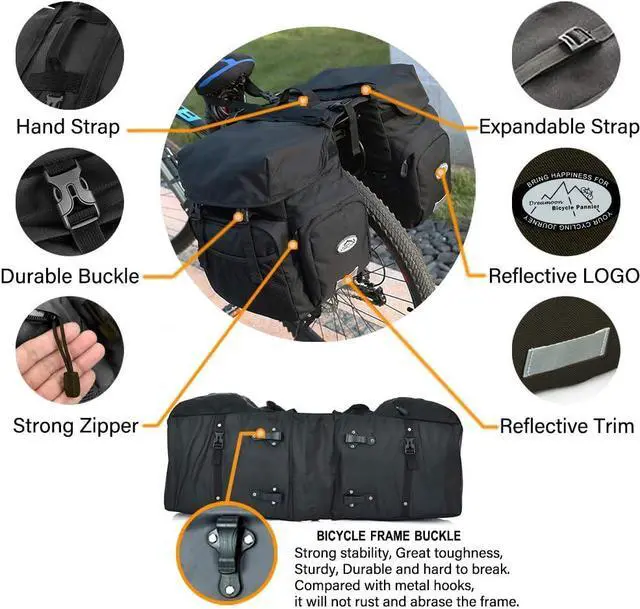 Alt view image 5 of 7 - 50L Bike Panniers, Waterproof Bicycle Commuting Bag Saddle Bags with Rain Cover, Bike Rear Seat Bag Carrier with Reflective Trim, Cycling Organizer for Width Less Than 7 inches Rack (Black)