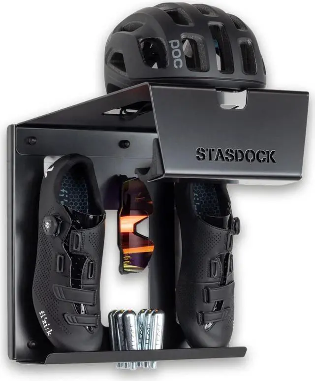 Main image of Bike Storage Wall Mount System | For Race Bicycles (Happy Black) and Mountain Bikes | Bike Shelf | Indoor bike wall bracket | Store your helmet and shoes | Home and Garage