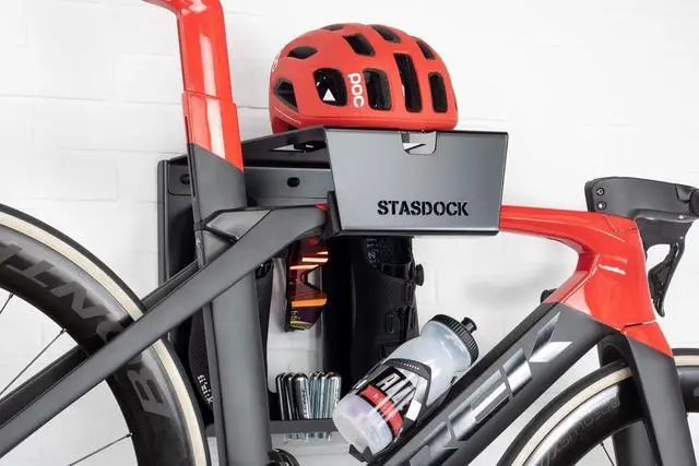 Alt view image 3 of 7 - Bike Storage Wall Mount System | For Race Bicycles (Happy Black) and Mountain Bikes | Bike Shelf | Indoor bike wall bracket | Store your helmet and shoes | Home and Garage
