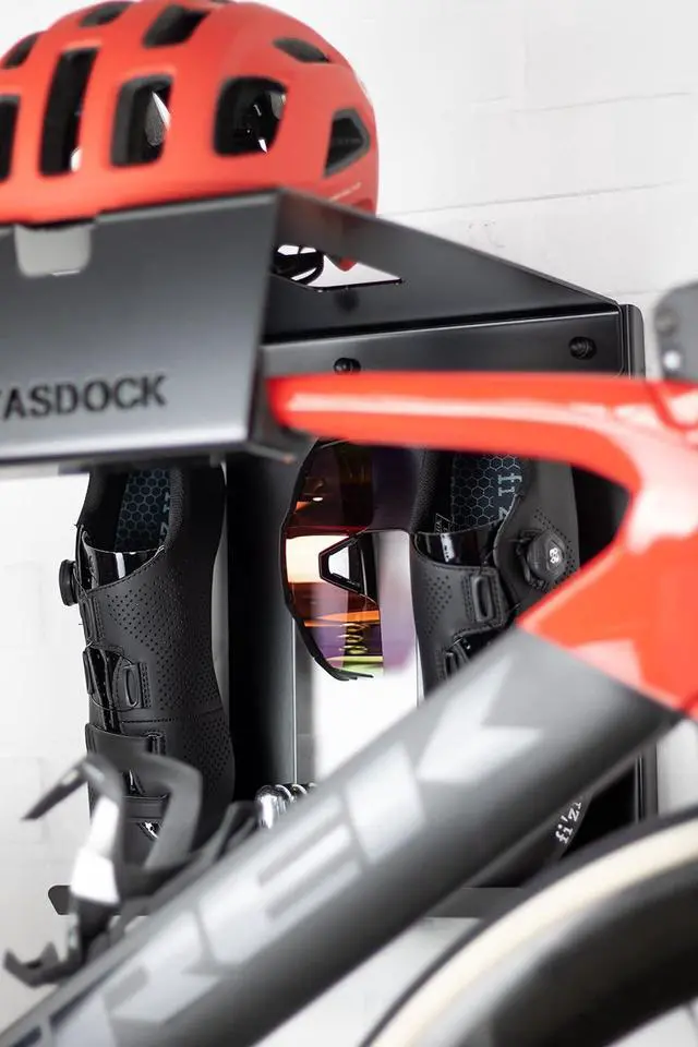Alt view image 7 of 7 - Bike Storage Wall Mount System | For Race Bicycles (Happy Black) and Mountain Bikes | Bike Shelf | Indoor bike wall bracket | Store your helmet and shoes | Home and Garage
