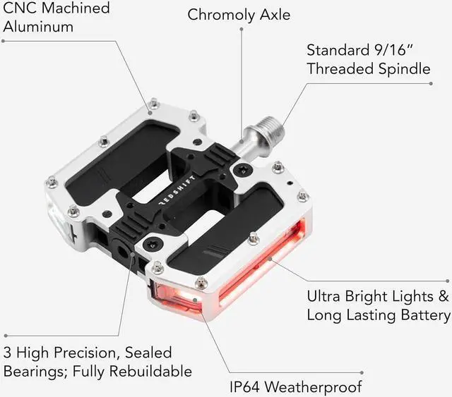 Alt view image 4 of 6 - ARCLIGHT PRO Flat Bicycle Pedals with LED Lights, Auto On-Off, 36+ hr Battery, USB Rechargeable, Weatherproof, Flat Aluminum Bike Pedal with 9/16in Steel Spindle and Traction Pins