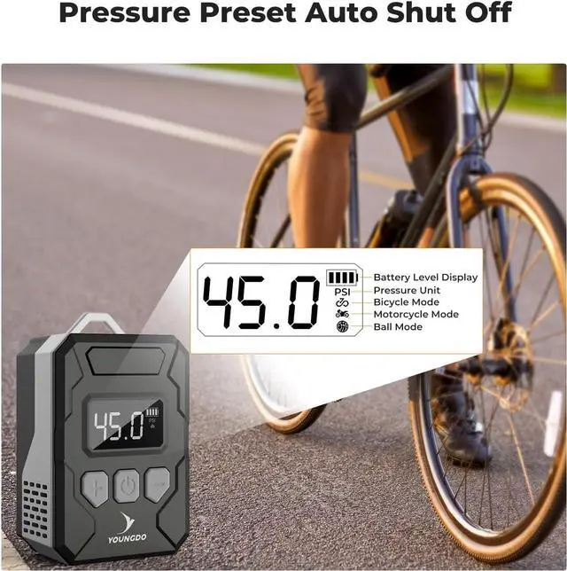 Alt view image 4 of 7 - 150PSI Mini Bike Pump, YOUNGDO Bicycle Tire Inflator with Digital Pressure Gauge, Auto Stop Type-C Function Electric Bike Air Pump with Presta and Schrader Valve for Bicycle, Motorcycle and Ball