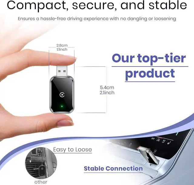 Alt view image 2 of 7 - Wireless CarPlay Adapter for iPhone, Convert Wired to Wireless  CarPlay Adapter, Mini Size with Extension Cable USB & USB-C/Type-C, Stable Control & No Delay, Black