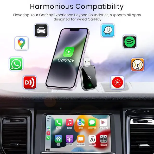 Alt view image 7 of 7 - Wireless CarPlay Adapter for iPhone, Convert Wired to Wireless  CarPlay Adapter, Mini Size with Extension Cable USB & USB-C/Type-C, Stable Control & No Delay, Black