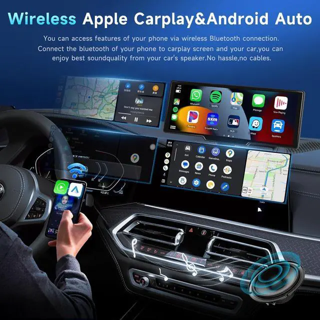 Alt view image 2 of 7 - 10.26" Touchscreen Wireless Carplay Portable Car Stereo Android Auto, Car Play Navigation, Voice Control, Bluetooth/AUX/FM, Car Radio Receiver