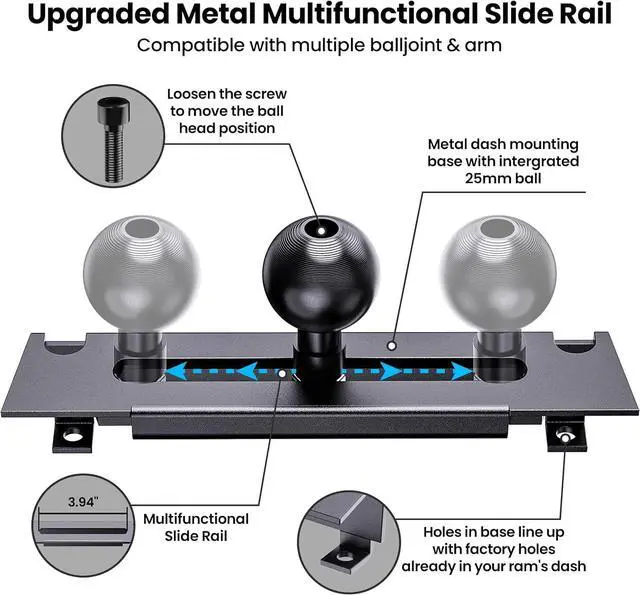Alt view image 2 of 7 - Metal Phone Mount for Ram Truck 2013-2018, Dash Mount Cell Phone Holder Compatible with RAM 1500/2500/3500 & 2019+ Classic, Metal Ball Adapter Phone Stand Arm Fit for Most Smartphones