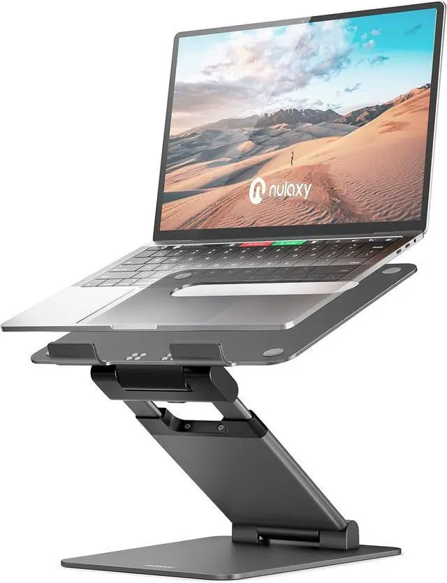Main image of Height Adjustable Laptop Stand for Desk Dual Foldable Aluminum Computer Riser Pull Out Design Ergonomic Sit to Notebook Holder Convertor Compatible with All 10-17 Laptops Tablets Gray