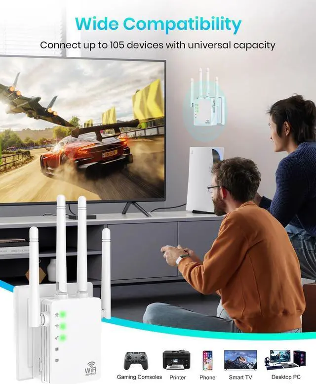 Alt view image 7 of 7 - WiFi Extender, WiFi Extender Signal Booster Dual-Band(5.8G&2.4G) Wireless Repeater Coverage to 12880 sq. ft & 105 Devices, 1-Tap Setup, Supports Ethernet Port, Faster Speed