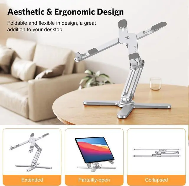 Alt view image 3 of 7 - 360 Rotating Laptop Stand Riser for Desk Ergonomic Foldable Computer Stand Adjustable Height Angles for Collaborative Work Easy Storage Fit Macbooks All Laptops up to 16 inches Silver