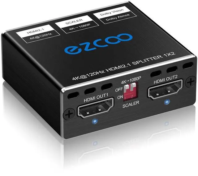 Main image of HDMI 2.1 Splitter 4K 120Hz 8K 60Hz 1 in2 Out VRR ALLM HDCP2.3 HDR10 8KUHD Dolby Vision Atmos Scaler 4K EDID 1080P Dual Monitors HDMI 2.1 Splitter 1X2 for PS5 SkyQ Xbox NVIDIA AMD