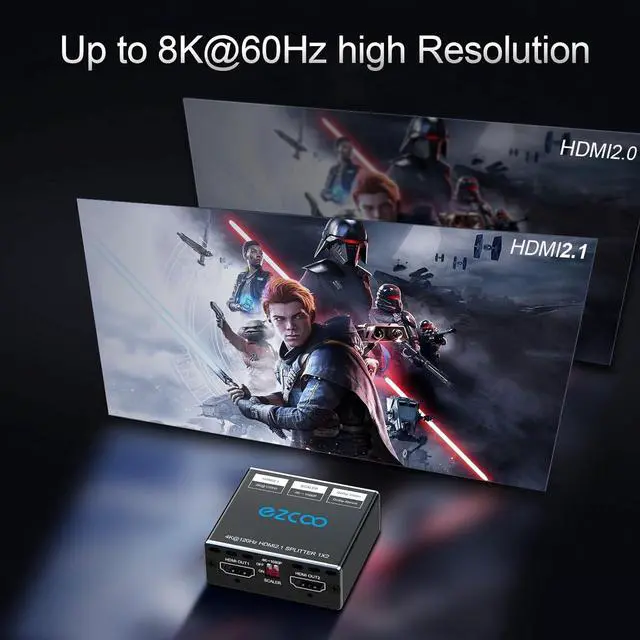 Alt view image 3 of 7 - HDMI 2.1 Splitter 4K 120Hz 8K 60Hz 1 in2 Out VRR ALLM HDCP2.3 HDR10 8KUHD Dolby Vision Atmos Scaler 4K EDID 1080P Dual Monitors HDMI 2.1 Splitter 1X2 for PS5 SkyQ Xbox NVIDIA AMD