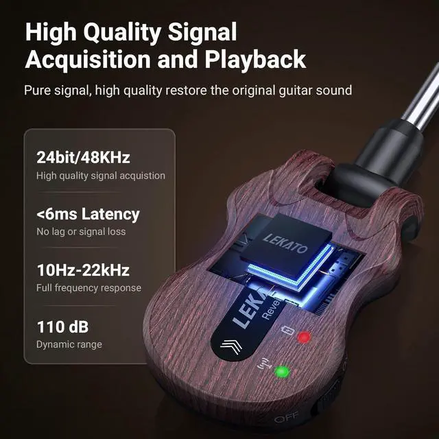 Alt view image 2 of 6 - LEKATO 5.8GHz Wireless Guitar System, 24-Bit Audio Transmitter and Receiver for Live Stage and Studio Practice, 220° Rotatable Plug Fits Electric Bass, Grain