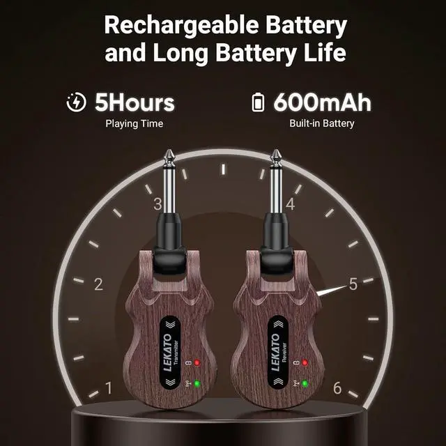 Alt view image 5 of 6 - LEKATO 5.8GHz Wireless Guitar System, 24-Bit Audio Transmitter and Receiver for Live Stage and Studio Practice, 220° Rotatable Plug Fits Electric Bass, Grain