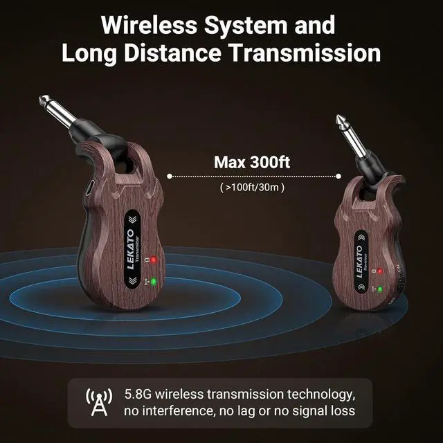 Alt view image 3 of 6 - LEKATO 5.8GHz Wireless Guitar System, 24-Bit Audio Transmitter and Receiver for Live Stage and Studio Practice, 220° Rotatable Plug Fits Electric Bass, Grain