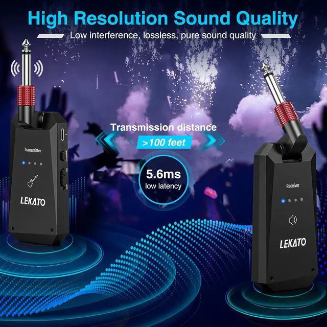 Alt view image 2 of 7 - LEKATO 5.8G Wireless Guitar System Upgraded Rechargeable Wireless Guitar Transmitter Receiver, Super Long 8 Hours Battery Life, 4 Channels Guitar Wireless System for Electric Guitar Bass(WS-90)
