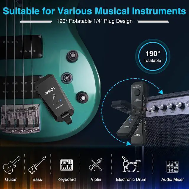 Alt view image 4 of 7 - LEKATO 5.8G Wireless Guitar System Upgraded Rechargeable Wireless Guitar Transmitter Receiver, Super Long 8 Hours Battery Life, 4 Channels Guitar Wireless System for Electric Guitar Bass(WS-90)