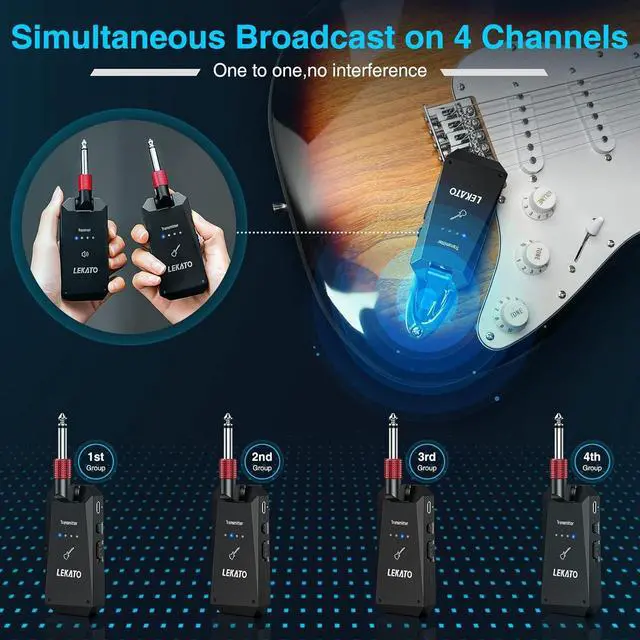 Alt view image 5 of 7 - LEKATO 5.8G Wireless Guitar System Upgraded Rechargeable Wireless Guitar Transmitter Receiver, Super Long 8 Hours Battery Life, 4 Channels Guitar Wireless System for Electric Guitar Bass(WS-90)