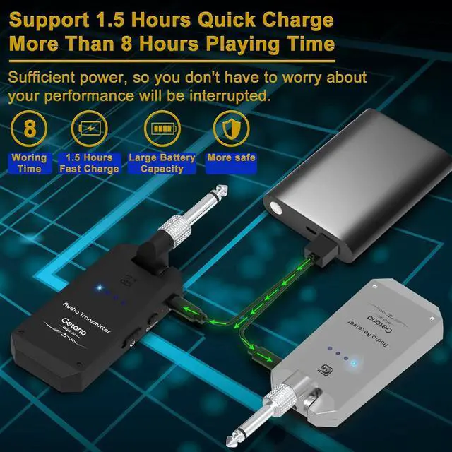 Alt view image 5 of 7 - Wireless Guitar Transmitter Receiver Set 5.8GH Guitar System 4 Channels for Electric Bass Cordless Amplifier Guitar Cable Jack