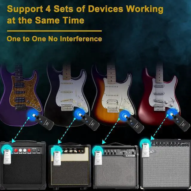 Alt view image 6 of 7 - Wireless Guitar Transmitter Receiver Set 5.8GH Guitar System 4 Channels for Electric Bass Cordless Amplifier Guitar Cable Jack