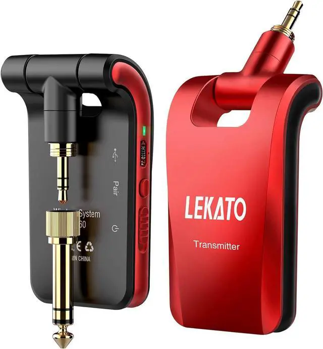 Main image of 2.4GHz Wireless Guitar System 6 Channels Rechargeable Wireless Transmitter Receiver for Guitar Bass, Guitar wireless System, Stereo and Mono 1/4 & 1/8 2 in 1 Plugs (Black&Red)