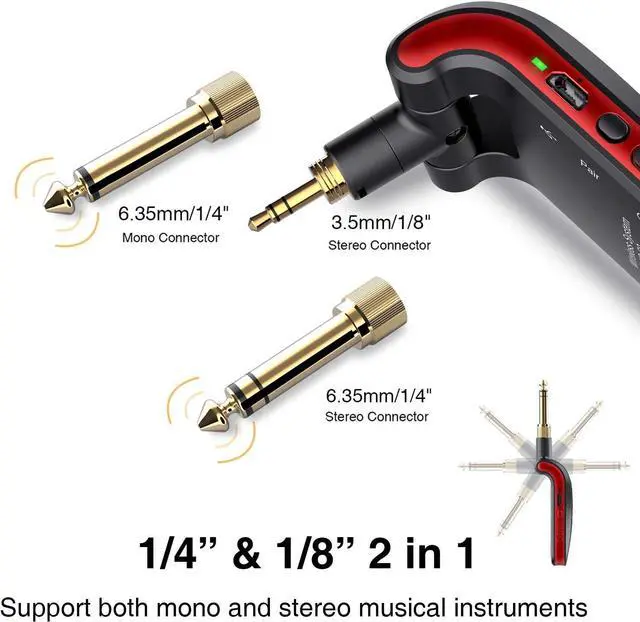 Alt view image 2 of 7 - 2.4GHz Wireless Guitar System 6 Channels Rechargeable Wireless Transmitter Receiver for Guitar Bass, Guitar wireless System, Stereo and Mono 1/4 & 1/8 2 in 1 Plugs (Black&Red)