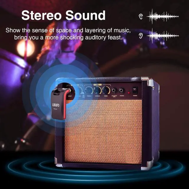 Alt view image 3 of 7 - 2.4GHz Wireless Guitar System 6 Channels Rechargeable Wireless Transmitter Receiver for Guitar Bass, Guitar wireless System, Stereo and Mono 1/4 & 1/8 2 in 1 Plugs (Black&Red)