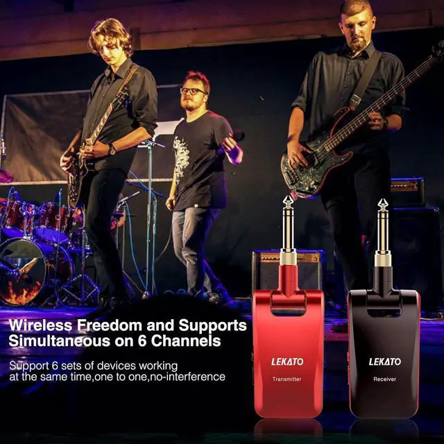 Alt view image 5 of 7 - 2.4GHz Wireless Guitar System 6 Channels Rechargeable Wireless Transmitter Receiver for Guitar Bass, Guitar wireless System, Stereo and Mono 1/4 & 1/8 2 in 1 Plugs (Black&Red)