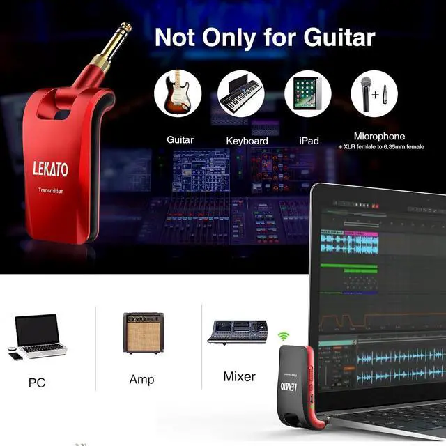 Alt view image 6 of 7 - 2.4GHz Wireless Guitar System 6 Channels Rechargeable Wireless Transmitter Receiver for Guitar Bass, Guitar wireless System, Stereo and Mono 1/4 & 1/8 2 in 1 Plugs (Black&Red)