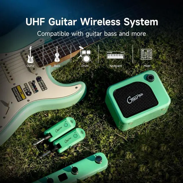 Alt view image 4 of 7 - Wireless Guitar System UHF Guitar Transmitter Receiver Rechargeable for Electric Guitars Bass Electric Music Instruments (GREEN)