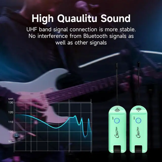 Alt view image 7 of 7 - Wireless Guitar System UHF Guitar Transmitter Receiver Rechargeable for Electric Guitars Bass Electric Music Instruments (GREEN)