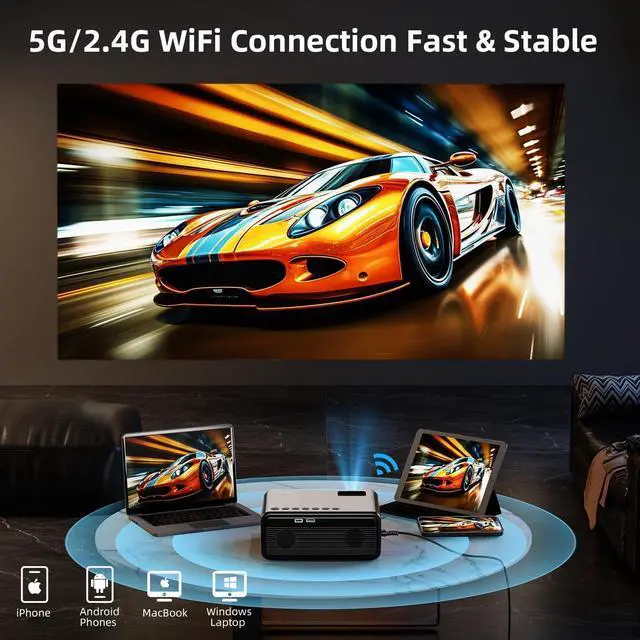 Alt view image 3 of 7 - Projector with WiFi and Bluetooth 4K Supported, Upgraded Outdoor Movie Projectors Native 1080P FHD 12000L, Video Proyector for Home Theater, Compatible w/HDMI/USB/iOS/Android/Windows/TV Stick