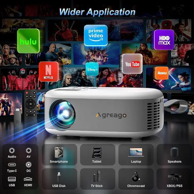 Alt view image 7 of 7 - 15000 Lumens Outdoor Movie Projector - Native 1080P HD Portable Projector with WiFi 6/Bluetooth 5.2, Compatible with iPhone, Android, Fire Stick, PS5, Xbox(USB-C Cable) ±15° Keystone (White)