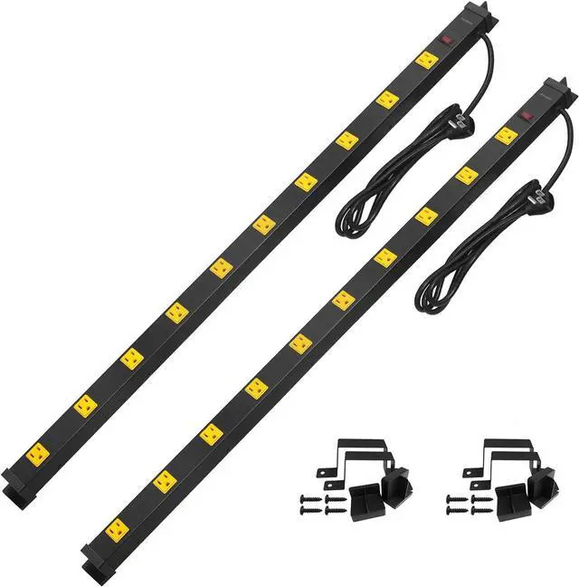 Main image of 2-Pack 10 Outlet Long Power Strip Surge Protector, Industrial Heavy Duty Metal Shop Power Strip Flat Plug, 1000 Joules, 15 A Breaker, 6FT Cord, Wall Mountable, for Work Bench, Shop, Garage