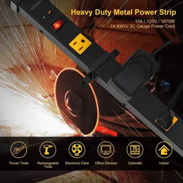 Alt view image 3 of 7 - 2-Pack 10 Outlet Long Power Strip Surge Protector, Industrial Heavy Duty Metal Shop Power Strip Flat Plug, 1000 Joules, 15 A Breaker, 6FT Cord, Wall Mountable, for Work Bench, Shop, Garage
