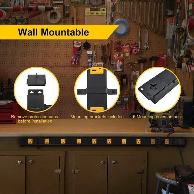 Alt view image 5 of 7 - 2-Pack 10 Outlet Long Power Strip Surge Protector, Industrial Heavy Duty Metal Shop Power Strip Flat Plug, 1000 Joules, 15 A Breaker, 6FT Cord, Wall Mountable, for Work Bench, Shop, Garage