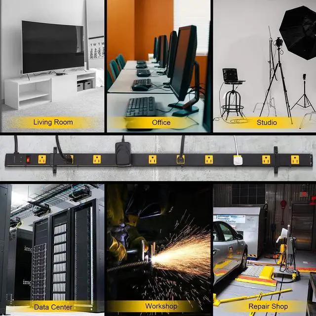 Alt view image 6 of 7 - 2-Pack 10 Outlet Long Power Strip Surge Protector, Industrial Heavy Duty Metal Shop Power Strip Flat Plug, 1000 Joules, 15 A Breaker, 6FT Cord, Wall Mountable, for Work Bench, Shop, Garage