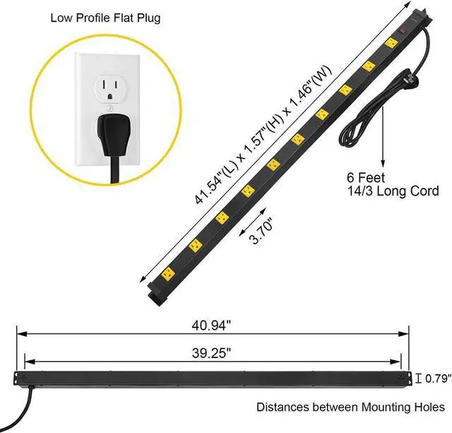 Alt view image 7 of 7 - 2-Pack 10 Outlet Long Power Strip Surge Protector, Industrial Heavy Duty Metal Shop Power Strip Flat Plug, 1000 Joules, 15 A Breaker, 6FT Cord, Wall Mountable, for Work Bench, Shop, Garage