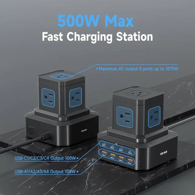 Alt view image 3 of 7 - 13-in-1 USB C Charging Station 100W | Surge Protector Power Strip with 4 USB-C & 4 USB-A Ports, 5 AC Outlets | 6.6Ft Extension Cord for Home Office, Dorm, Travel (ETL Certified)