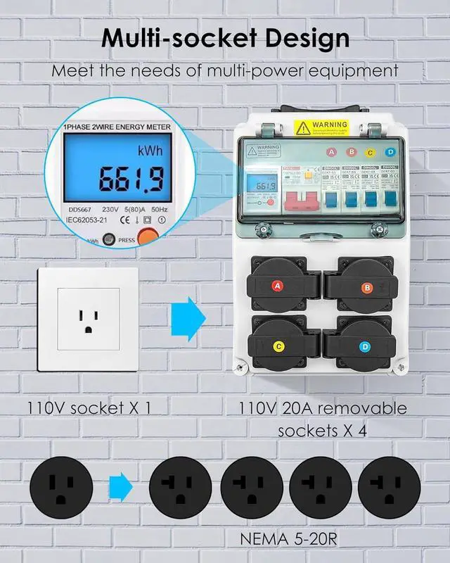 Alt view image 2 of 6 - Power Distribution Box, 110V 80A Electrical Box with NEMA 5-20 Socket, Wall Mount Power Outlet Panel with Multifunctional Electricity Meter for RV Camper Travel and Construction Sites