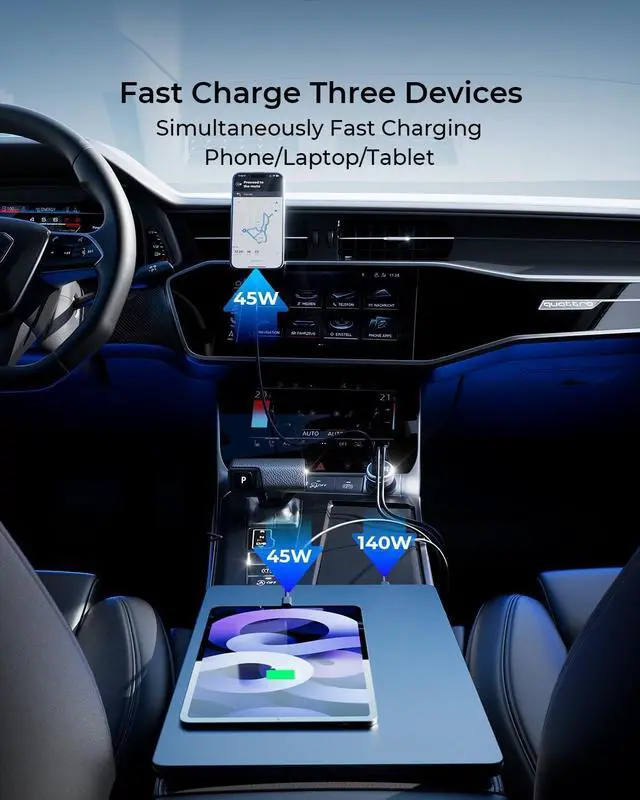 Alt view image 3 of 7 - 230W USB C Fast Car Charger 3-Ports Mutiple Car Charger Adapter Fast Charging PD140W/PPS63W/QC45W Compatible with iPhone16/15/14/MacBook/iPad/Laptop/S24 Cigarette Lighter USB Charger