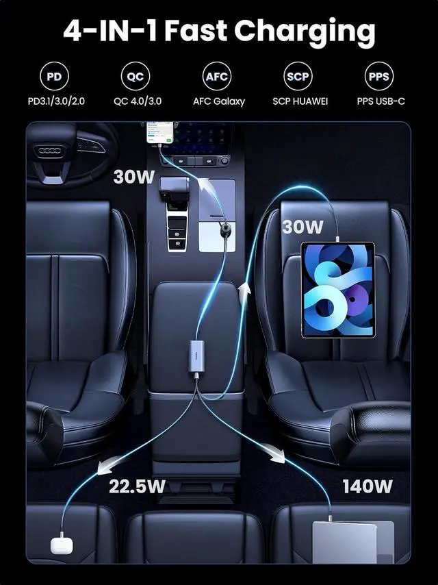 Alt view image 3 of 7 - UGREEN 150W USB C Car Charger, PD 3.1 140W Car Charger Adapter Fast Charging 4-Port Cigarette Lighter USB Multi Port Charger Compatible with iPhone 16/15, Galaxy S24/S23, iPad, Tablet, Laptop
