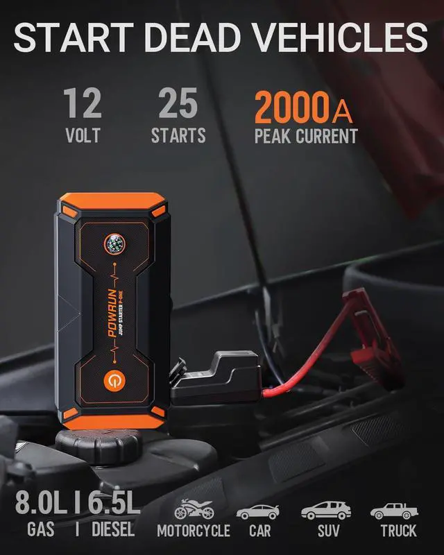 Alt view image 2 of 7 - Powrun P-ONE Jump Starter, 2000A Portable Jump Box - Car Jump Starter Battery Pack for up to 8.0L Gas and 6.5L Diesel Engines, 12V Battery Jump Starter with Carry Case (Orange)