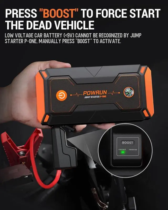Alt view image 3 of 7 - Powrun P-ONE Jump Starter, 2000A Portable Jump Box - Car Jump Starter Battery Pack for up to 8.0L Gas and 6.5L Diesel Engines, 12V Battery Jump Starter with Carry Case (Orange)